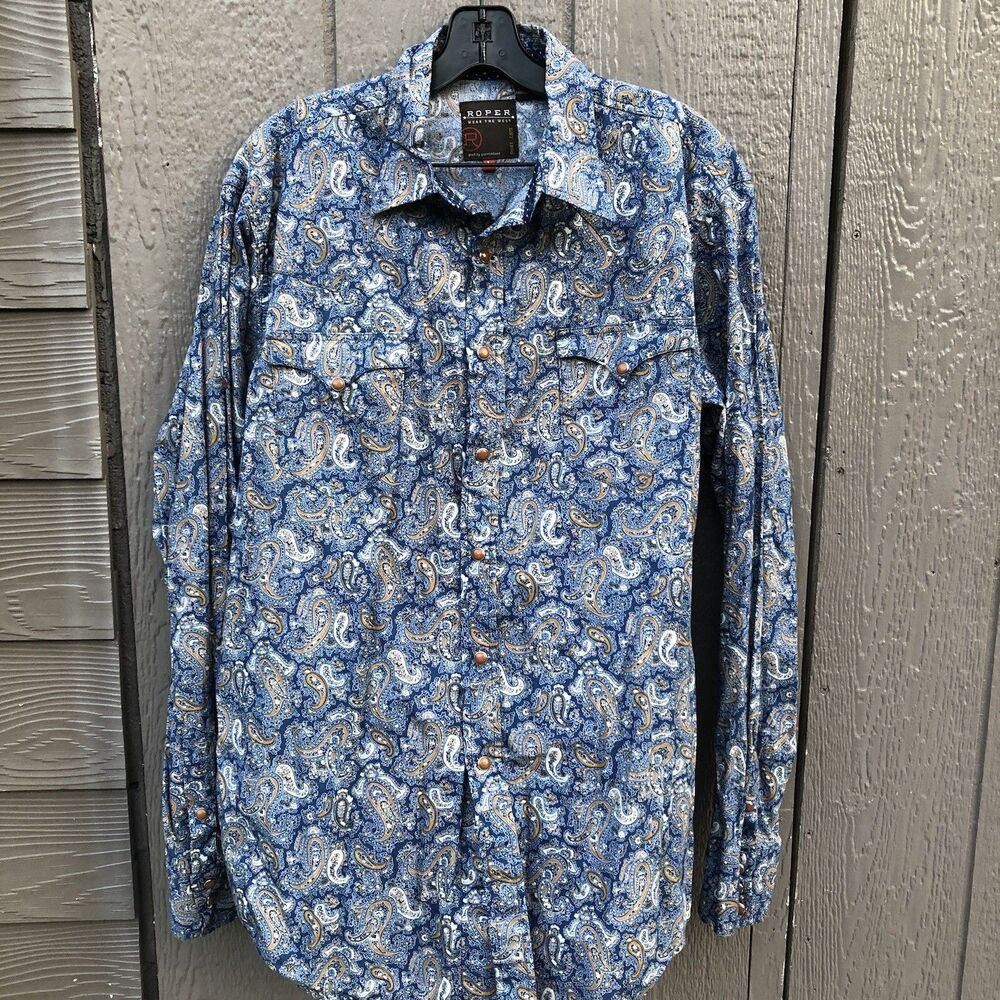 Roper Wear The West Mens Size Large Blue Paisley Pearl Snap Shirt